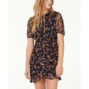 Stevie May Eze Ruched Mini Dress Size Small Black Floral Short Sleeves Viscose